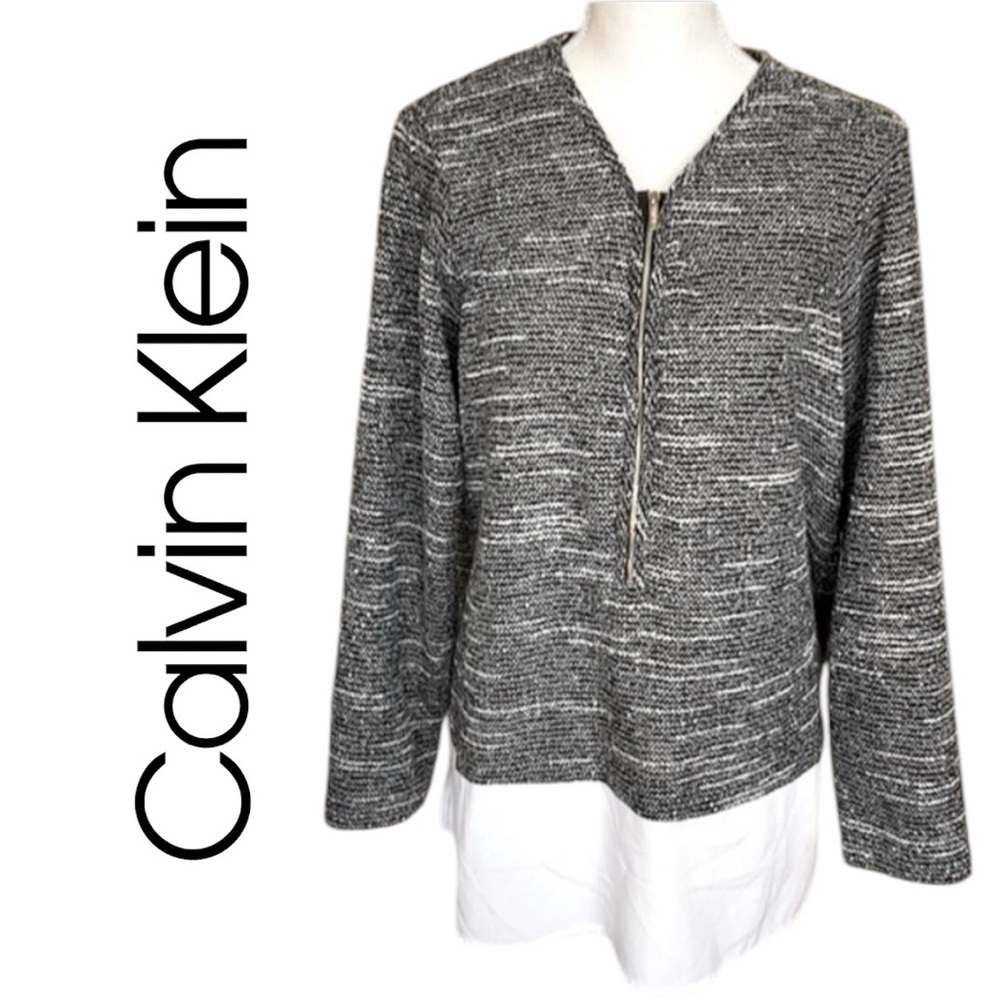 Calvin Klein Black White Tunic Top Logo Zipper Silver Accent Tiered Layer Sz 0X